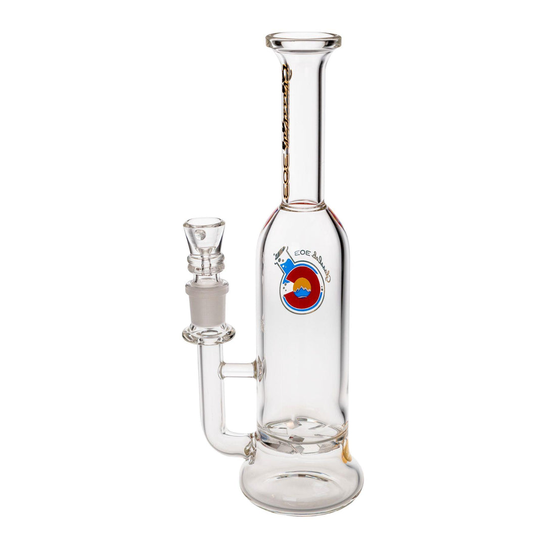 "Left-side view of a Glass Lab 303 Skinny Straight Bottle in the percolator variation Turbine," - Up N Smoke.