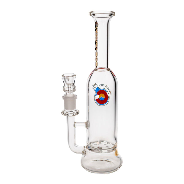 "Left-side view of a Glass Lab 303 Skinny Straight Bottle in the percolator variation Turbine," - Up N Smoke.