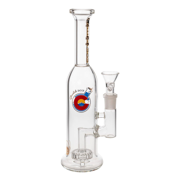 "Right-side view of a Circ percolator Skinny Straight Bottle Water Pipe made by Glass Lab 303," - Up N Smoke.