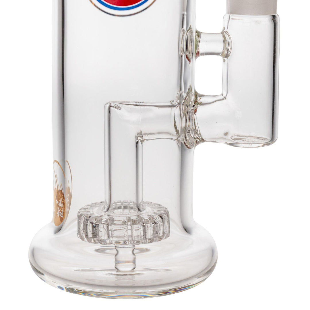 "Close-up of the Circ percolator within a Skinny Straight Bottle Water Pipe made by Glass Lab 303," - Up N Smoke.