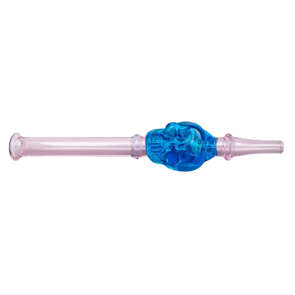 "Blue with pink Skull Glycerin Nectar Collector that is approximately 6.5 inches long," - Up N Smoke.