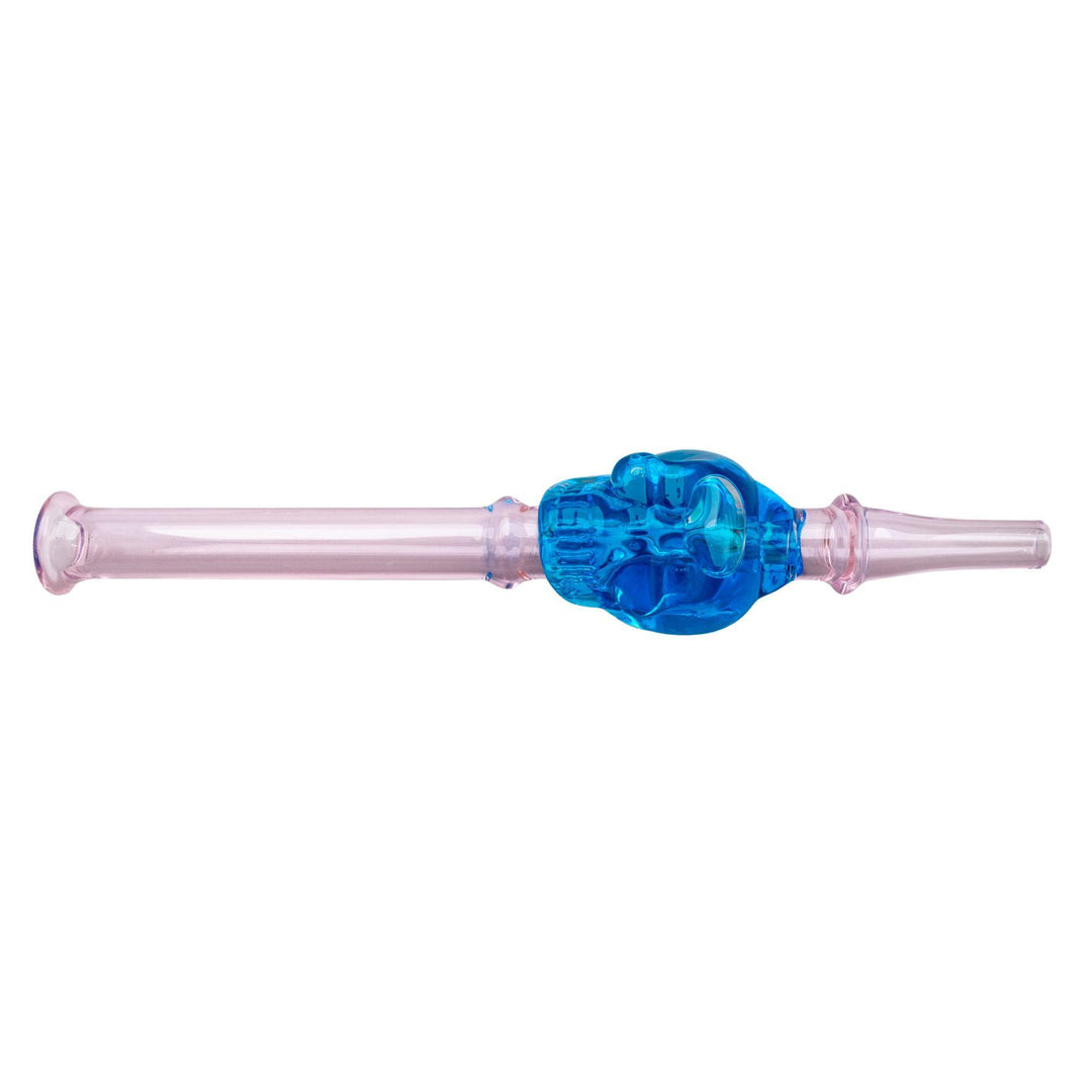 "Blue with pink Skull Glycerin Nectar Collector that is approximately 6.5 inches long," - Up N Smoke.