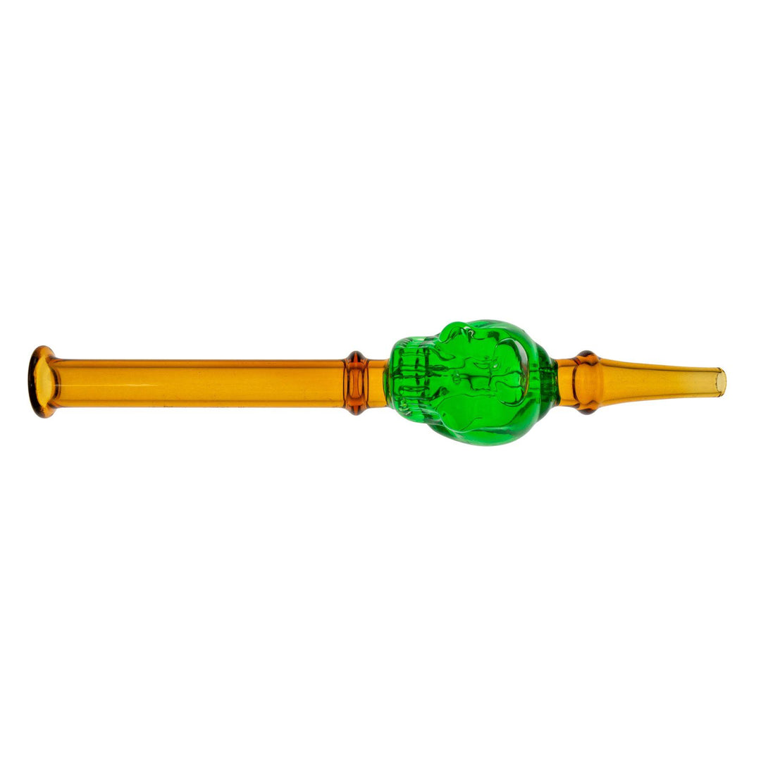 "Green and brown Skull Glycerin Nectar Collector that measures approximately 6.5 inches long," - Up N Smoke.