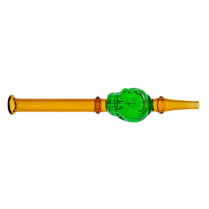 "Green and brown Skull Glycerin Nectar Collector that measures approximately 6.5 inches long," - Up N Smoke.