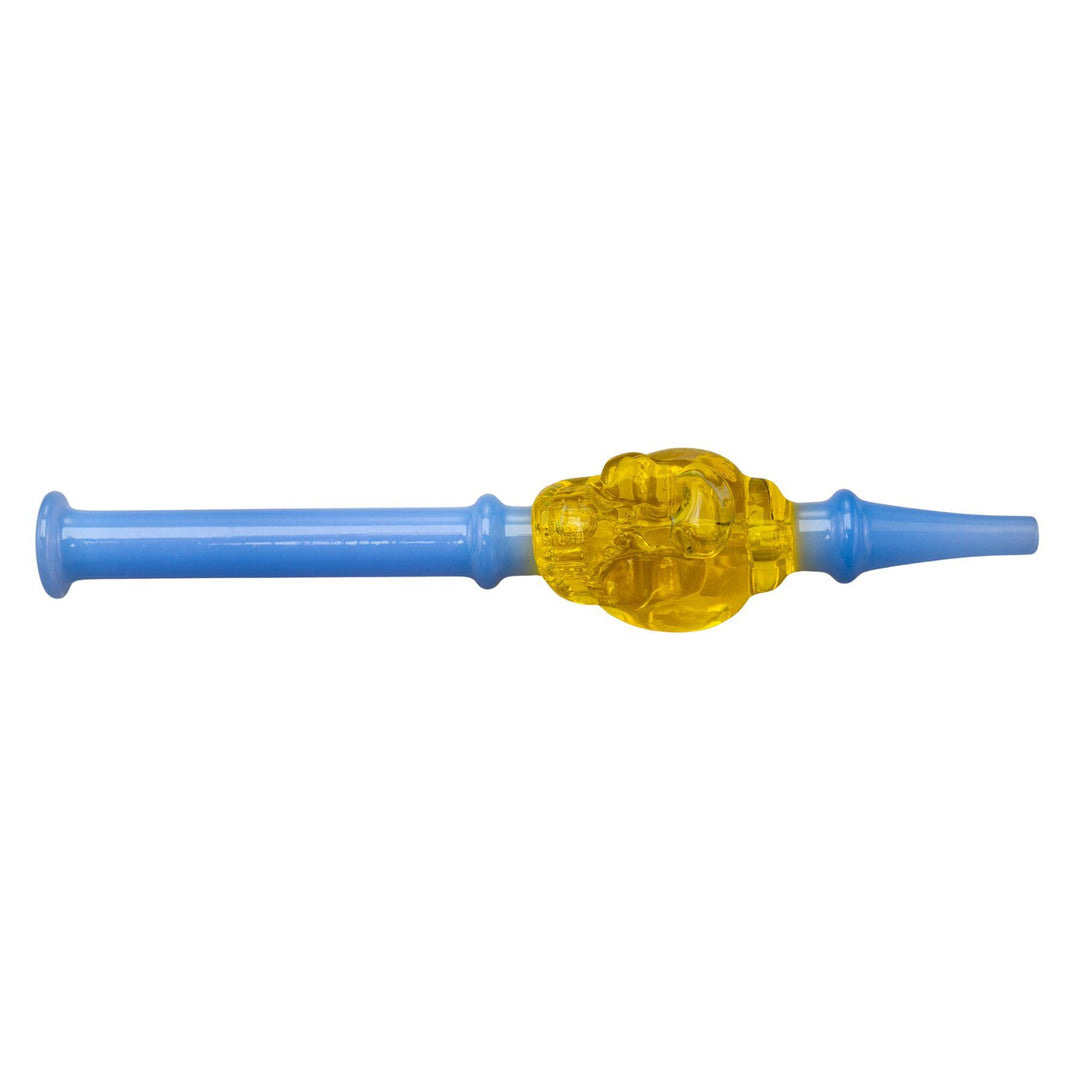 "Yellow and blue Skull Glycerin Nectar Collector on a white background," - Up N Smoke.