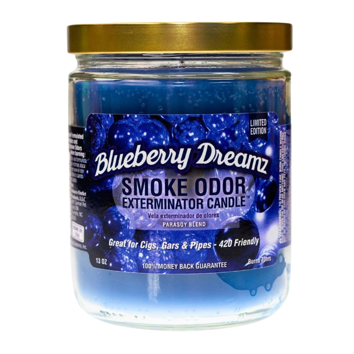 Smoke Odor Exterminator Candle Blueberry Dream displayed on a white background - Up N Smoke