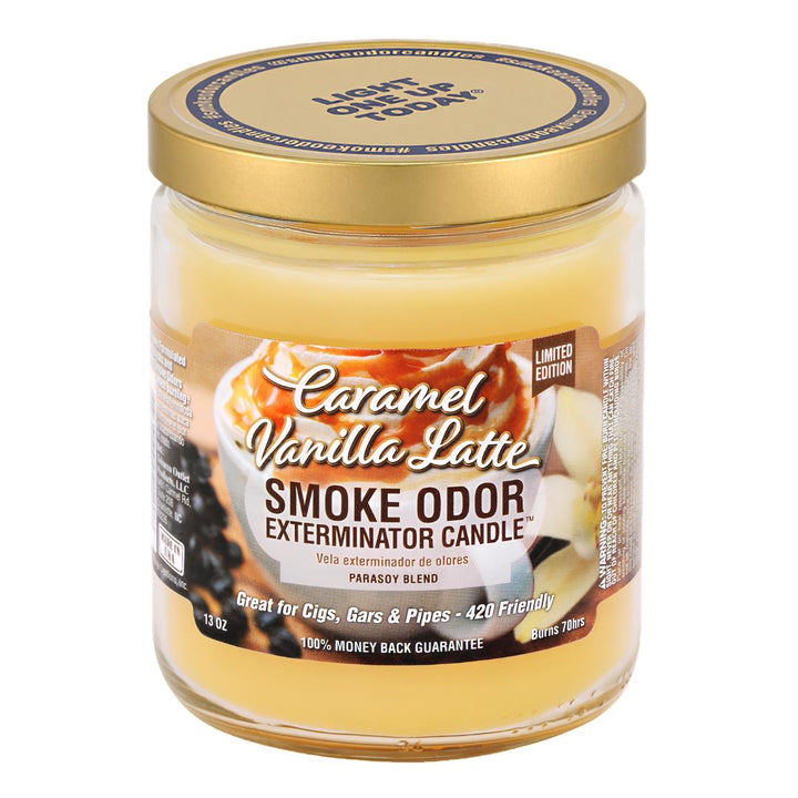 Smoke Odor Exterminator Candle Caramel Vanilla Latte displayed on a white background - Up N Smoke