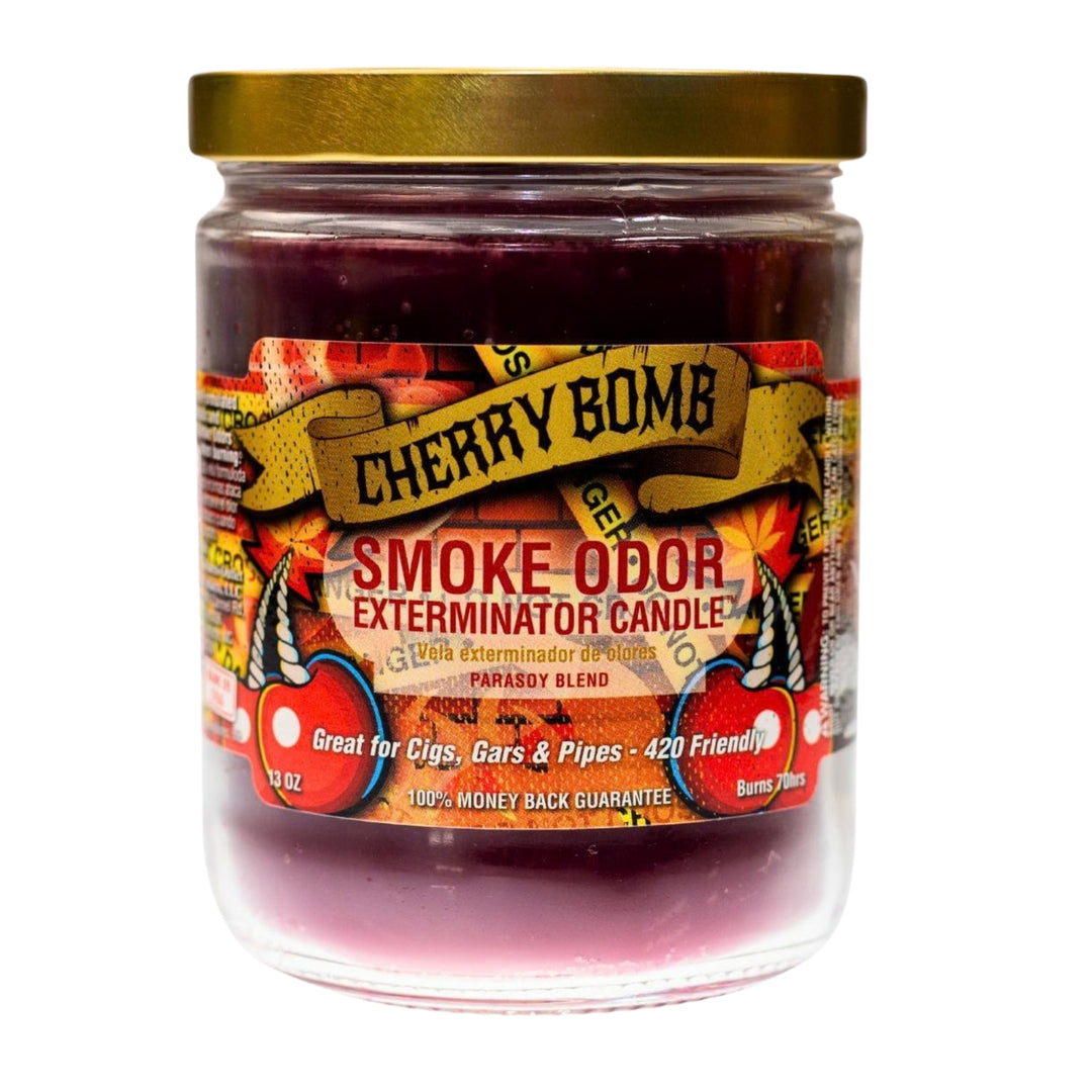Smoke Odor Exterminator Candle Cherry Bomb displayed on a white background - Up N Smoke