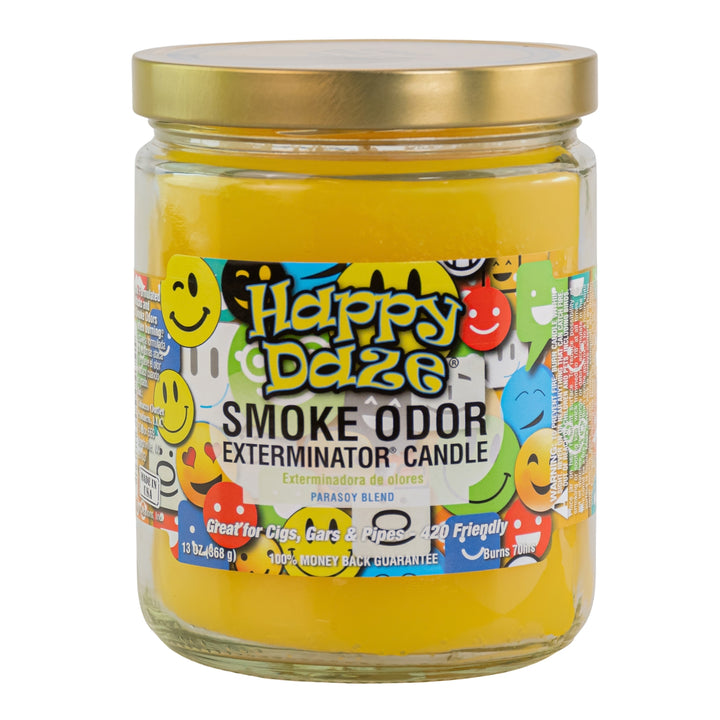 Smoke Odor Exterminator Candle Happy Daze displayed on a white background - Up N Smoke