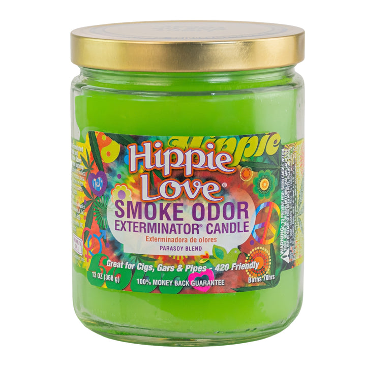 Smoke Odor Exterminator Candle Hippie Love displayed on a white background - Up N Smoke