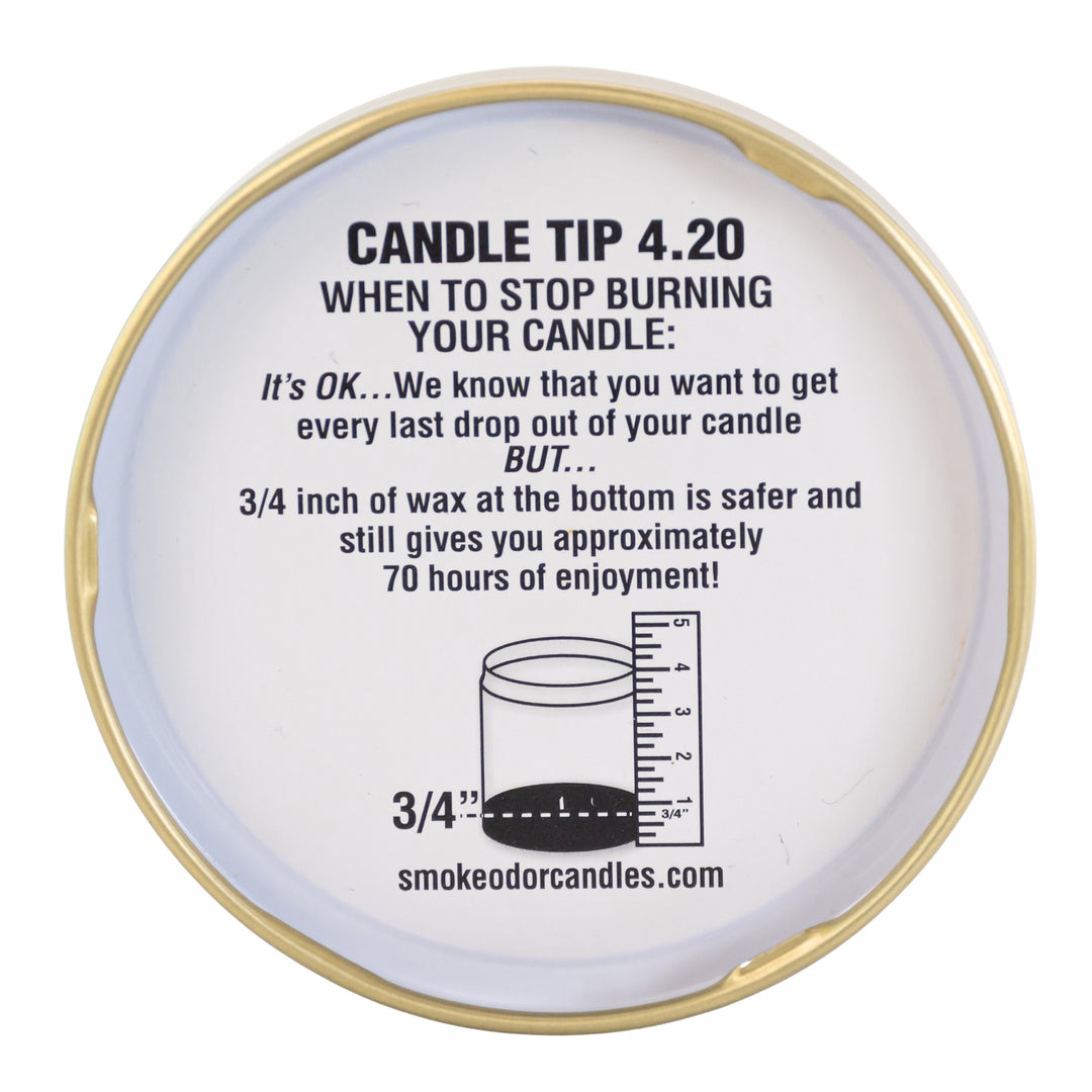 Smoke Odor Exterminator Candle lid back side displayed on a white background - Up N Smoke