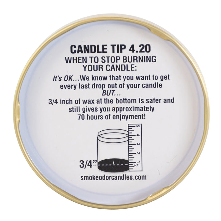 Smoke Odor Exterminator Candle lid back side displayed on a white background - Up N Smoke