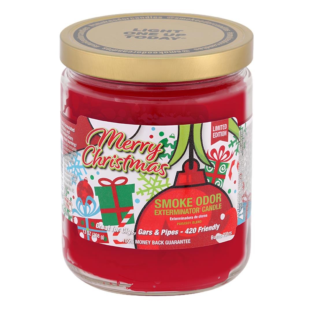 Smoke Odor Exterminator Candle Merry Christmas displayed on a white background - Up N Smoke