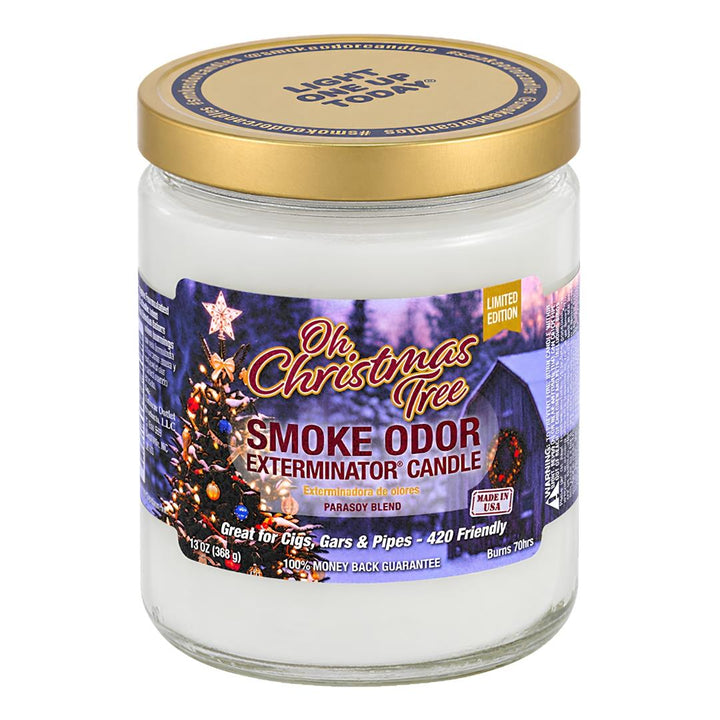 Smoke Odor Exterminator Candle Oh Christmas Tree displayed on a white background - Up N Smoke