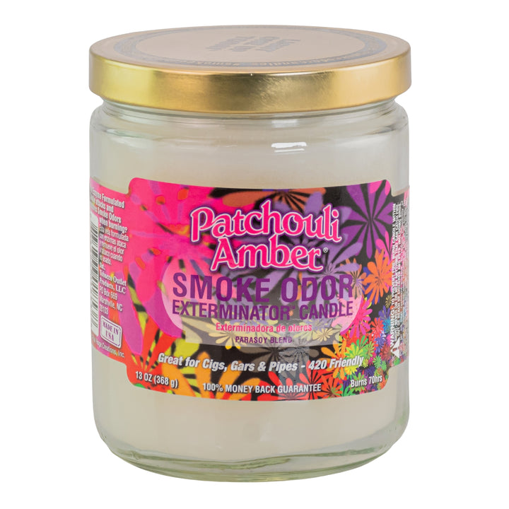 Smoke Odor Exterminator Candle Patchouli Amber displayed on a white background - Up N Smoke