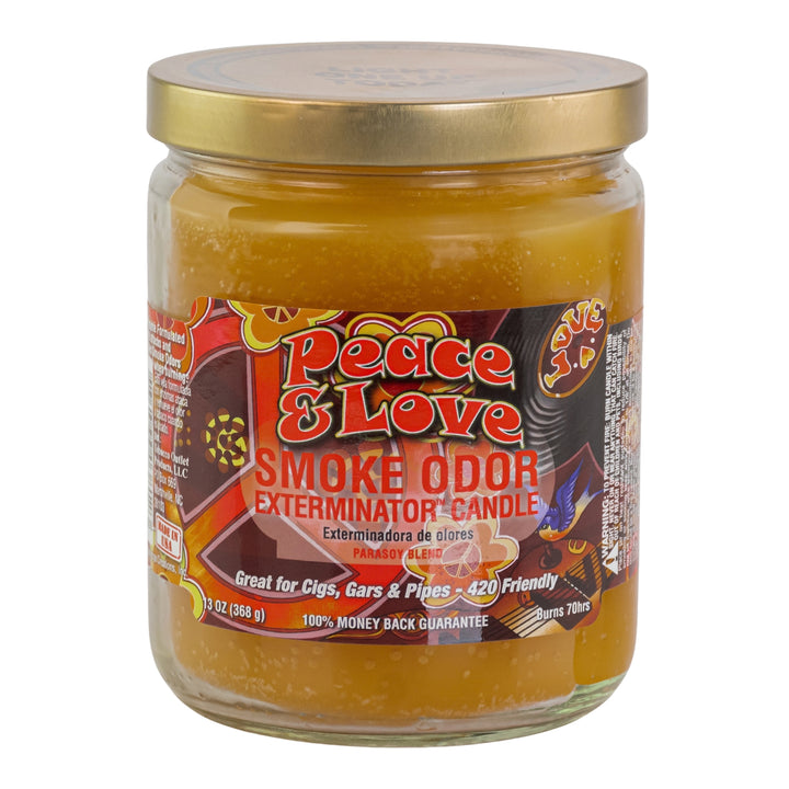 Smoke Odor Exterminator Candle Peace & Love displayed on a white background - Up N Smoke