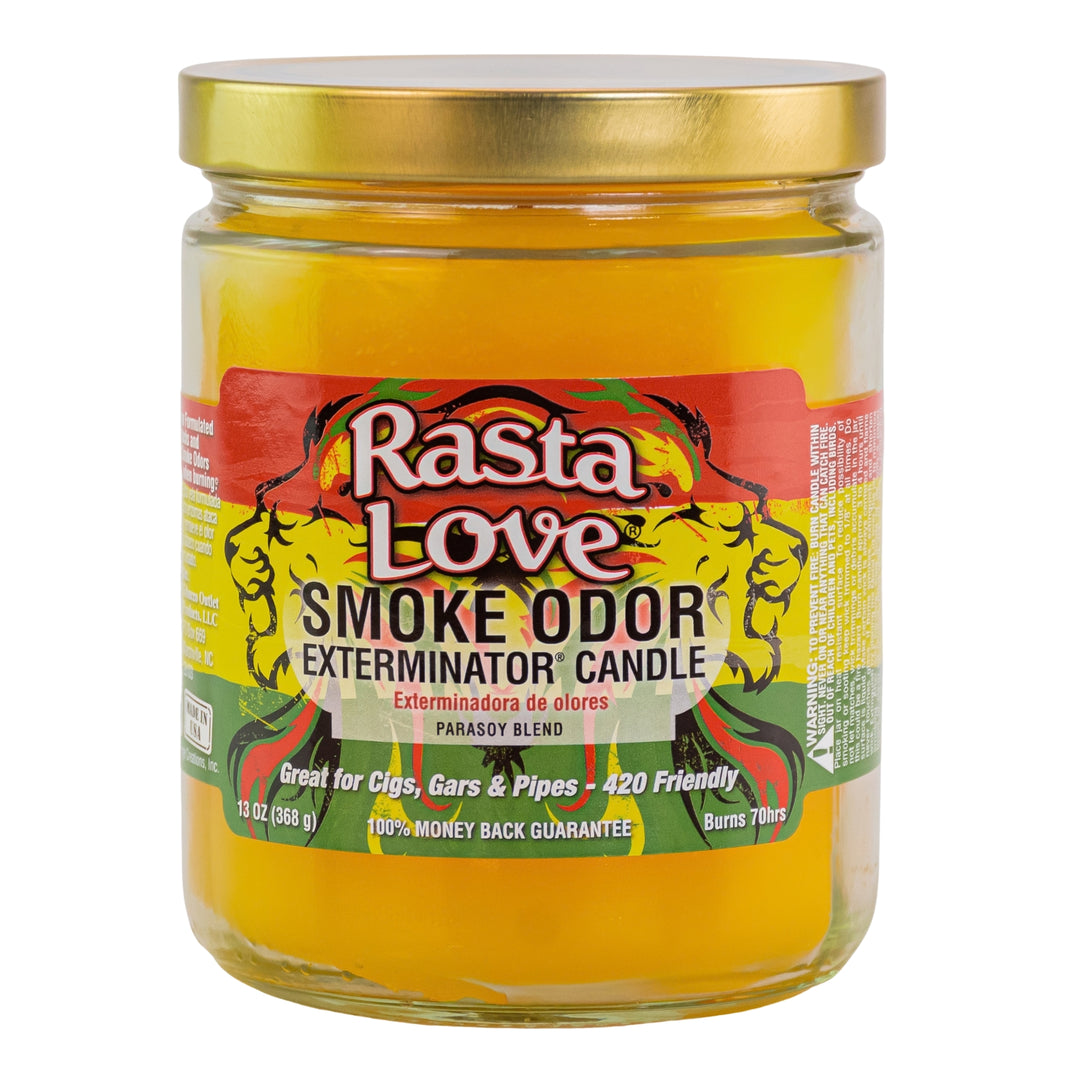 Smoke Odor Exterminator Candle Rasta Love displayed on a white background - Up N Smoke
