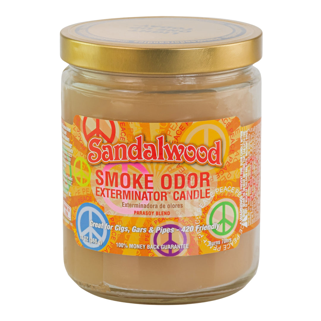 Smoke Odor Exterminator Candle Sandalwood displayed on a white background - Up N Smoke