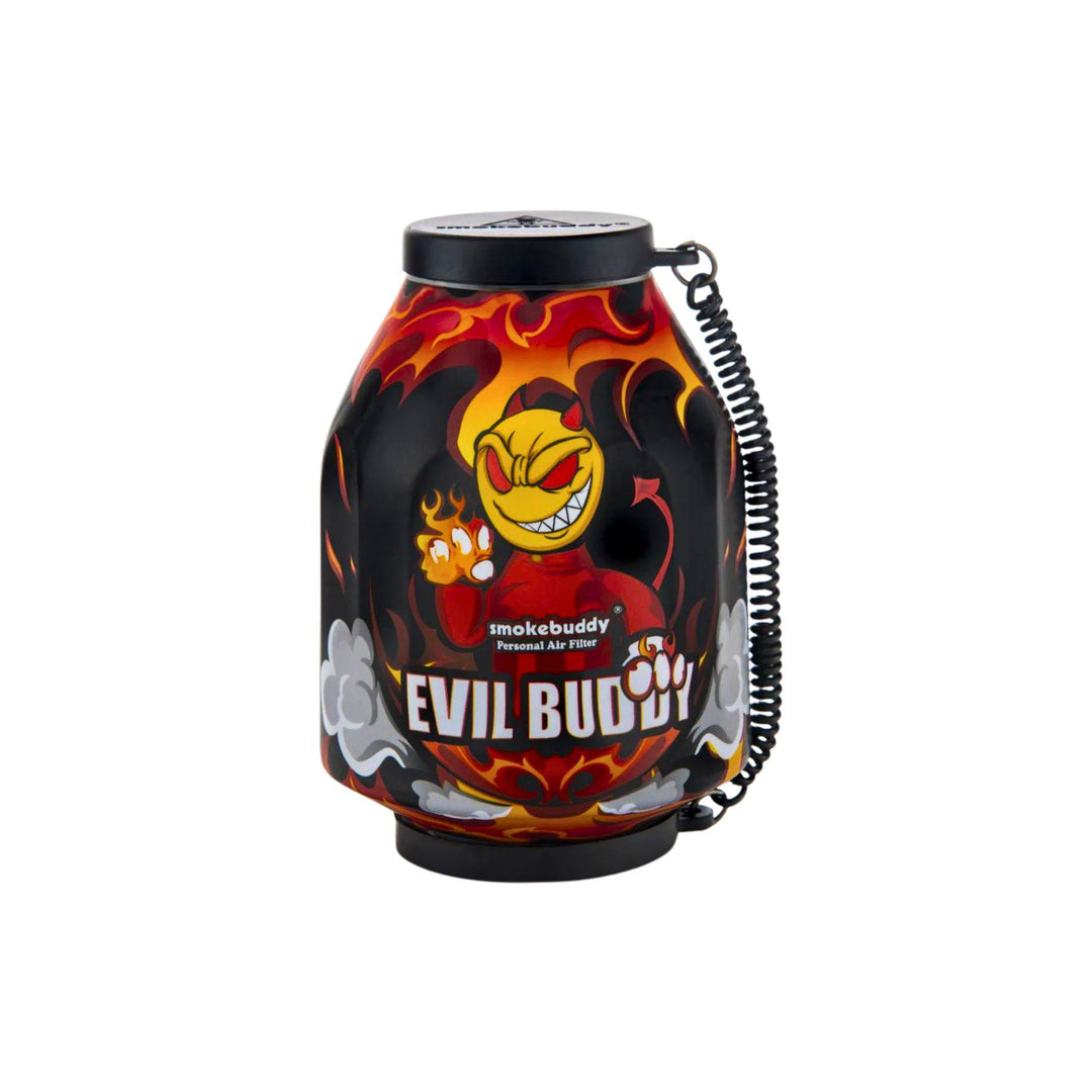 "A Smoke Buddy Air Filter in the variation Evil Buddy with flame designs on the item" - Up N Smoke.