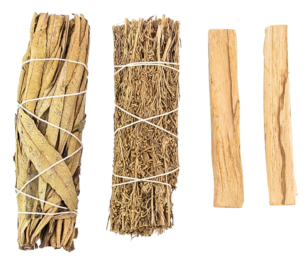 Smudging Trio (Desert Sage, Palo Santo & Yerba Santa) on a white background - Up N Smoke