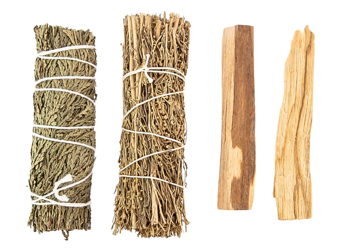 Smudging Trio (Desert Sage, Palo Santo & Cedar) on a white background - Up N Smoke 