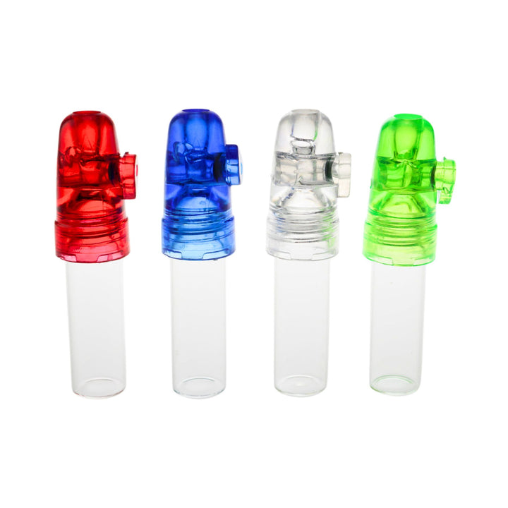 "Four 5mL Spice Travel Dispenser in the color variations red, blue, clear, and green," - Up N Smoke.
