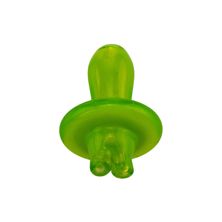 "Green carb cap that belongs to the Sol Fire Glass Weed Fairy Recycler on a white background," - Up N Smoke.