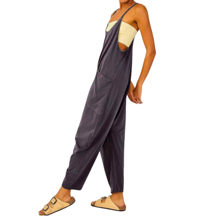 Side view of the spaghetti strap jumpsuit with long pockets - up n smoke