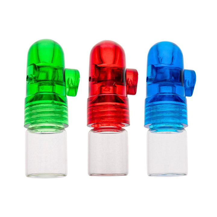 "Three Spice Travel Dispensers that are 2 inches tall on a white background," - Up N Smoke.