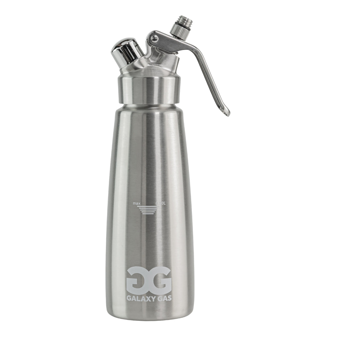 Galaxy Gas Whipped Cream Dispenser Stainless Steel Pink Dispenser displayed on a white background - Up N Smoke