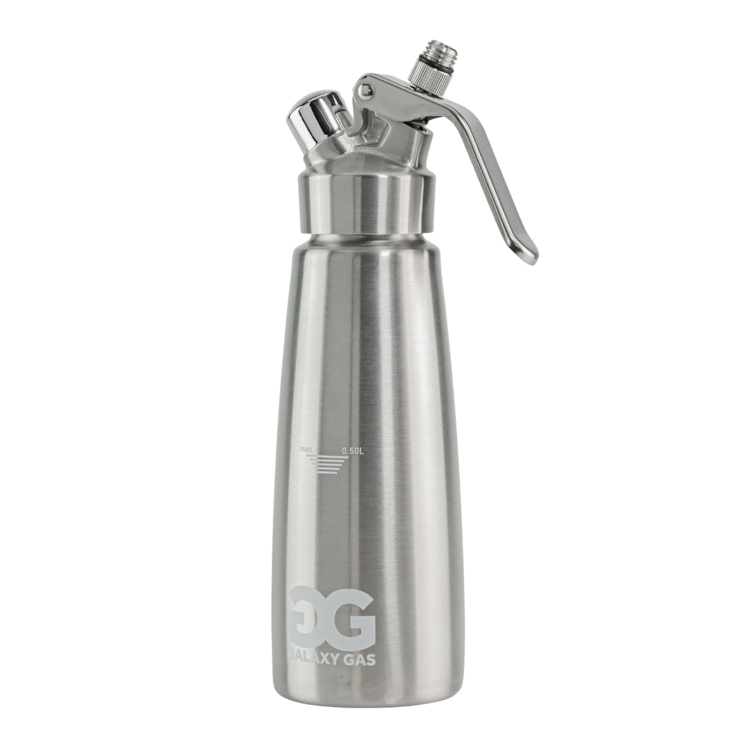Galaxy Gas Whipped Cream Dispenser Stainless Steel Pink Dispenser displayed on a white background second angle - Up N Smoke