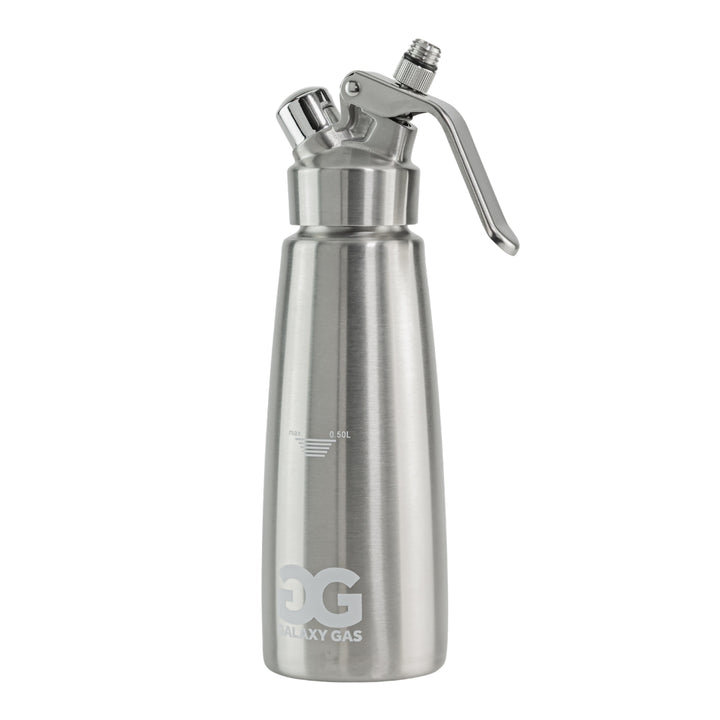 Galaxy Gas Whipped Cream Dispenser Stainless Steel Pink Dispenser displayed on a white background second angle - Up N Smoke