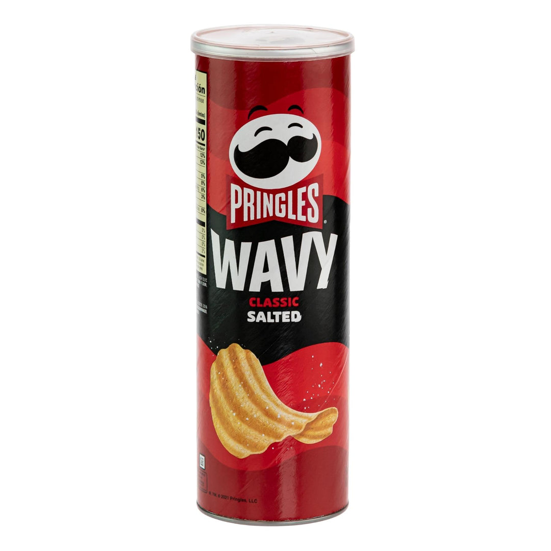 "Pringles Wavy Classic Salted potato chip stash can on a white background," - Up N Smoke.