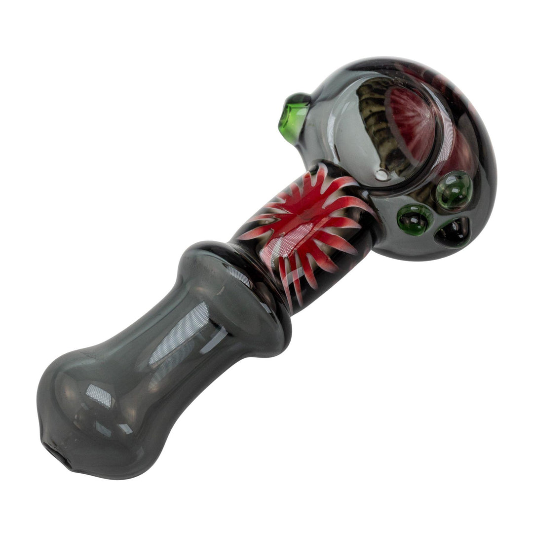 "Black Pulsar Step Into Now hand pipe with  a red and white sunburst design on the handle and head of the pipe," - Up N Smoke.
