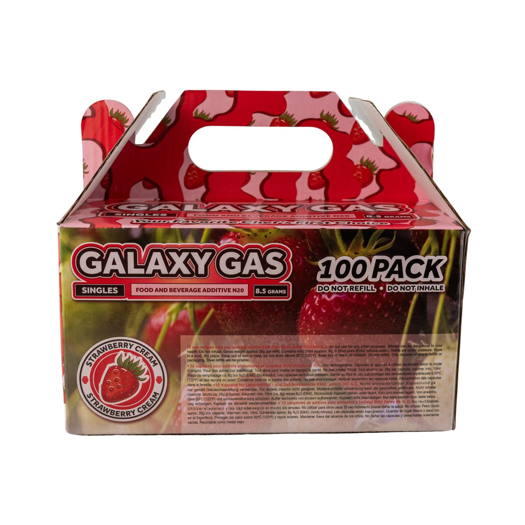 "Back of a 100ct box of Strawberry Cream Galaxy Gas on a white background," - Up N Smoke.