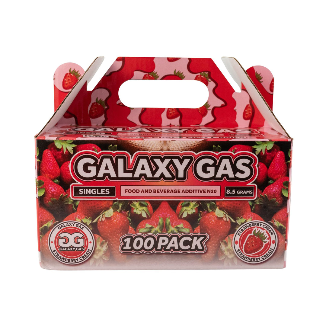 "Front of a 100ct box of Strawberry Cream Galaxy Gas on a white background," - Up N Smoke.