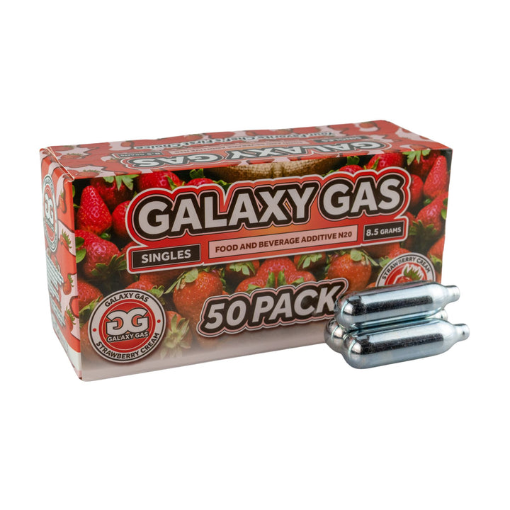 "Side angle of a 50ct box of a Strawberry Cream Galaxy Gas with three cartridges in front on a white background," - Up N Smoke.
