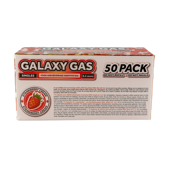 "Back of a 50ct box of Strawberry Cream Galaxy Gas on a white background," - Up N Smoke.