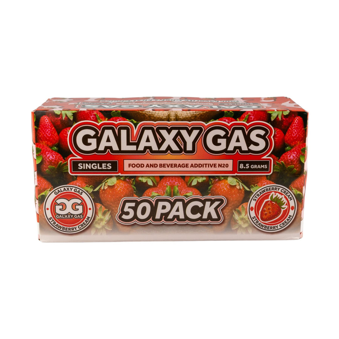 "Front of a 50ct box of Strawberry Cream Galaxy Gas on a white background," - Up N Smoke.