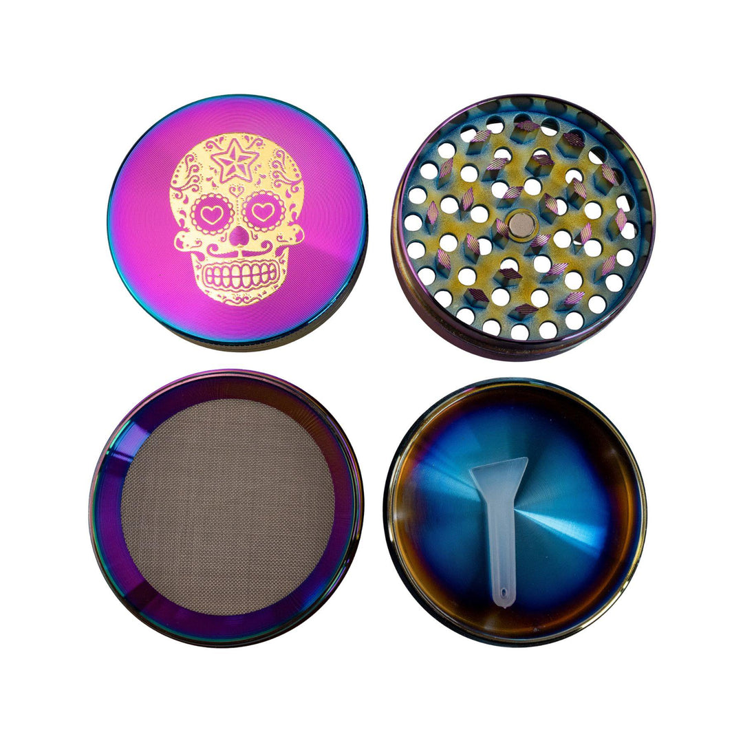 "Sugar Skull 4-Piece Grinder with all four compartments separated to showcase each aspect of this tool," - Up N Smoke.