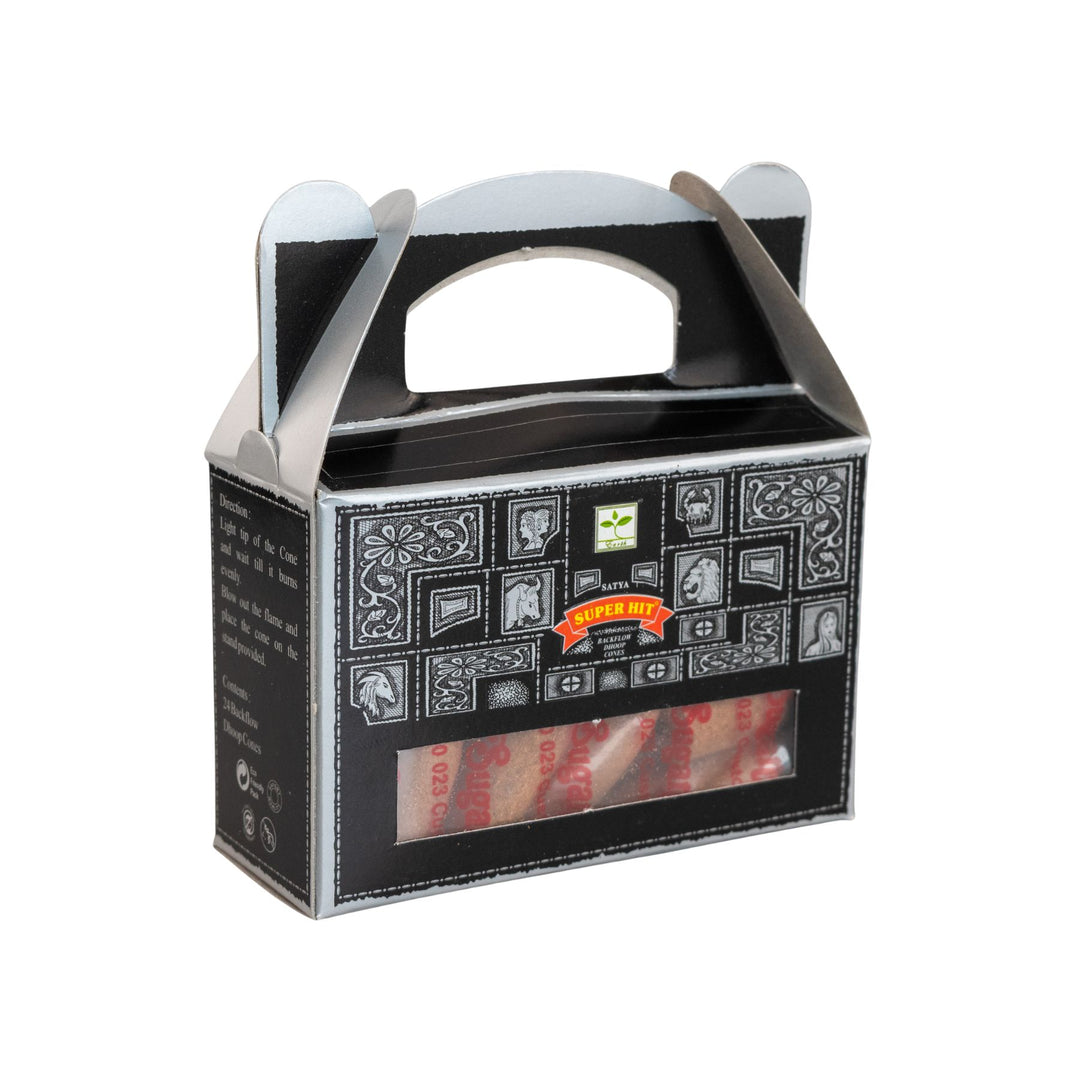 Satya's Super Hit Backflow Incense Cones packaging on a white background