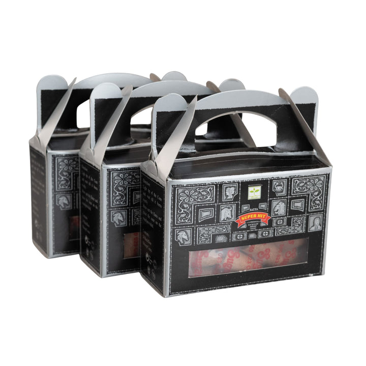 Set of three Satya's Super Hit Backflow Incense Cones packaging on a white background