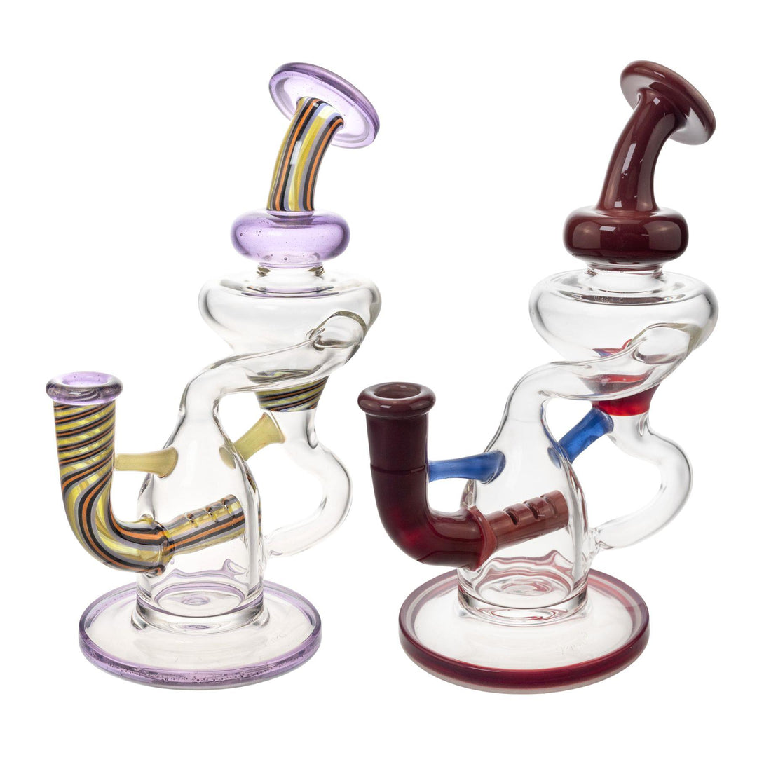 "Two TKO Recyclers in the color variations purple and red on a white background," - Up N Smoke.