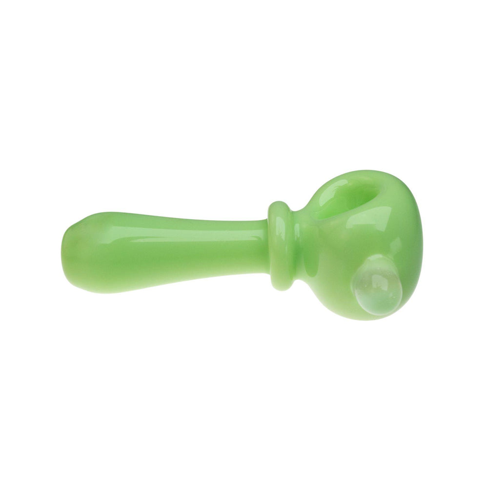 "Right side of an opaque green herb spoon by Tagle Glass," - Up N Smoke.