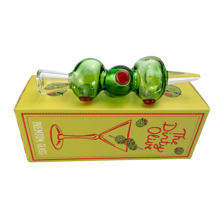 "Dirty Olive Hand Pipe by Go Easy, shaped like an olive on a pick, made from premium borosilicate glass." - Up N Smoke.