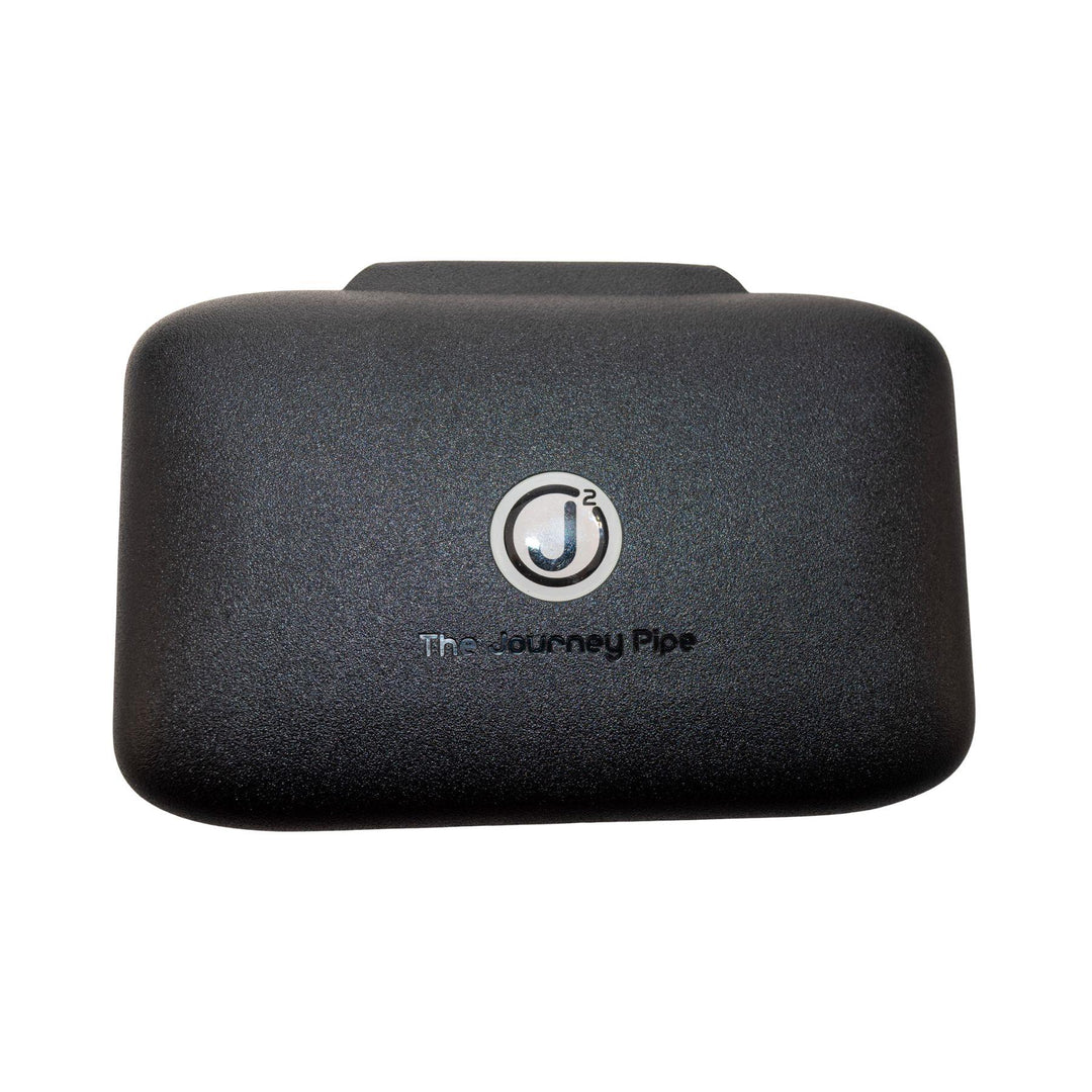 "Top-down view of the travel case The Journey Pipe J2 comes with on a white background," - Up N Smoke.
