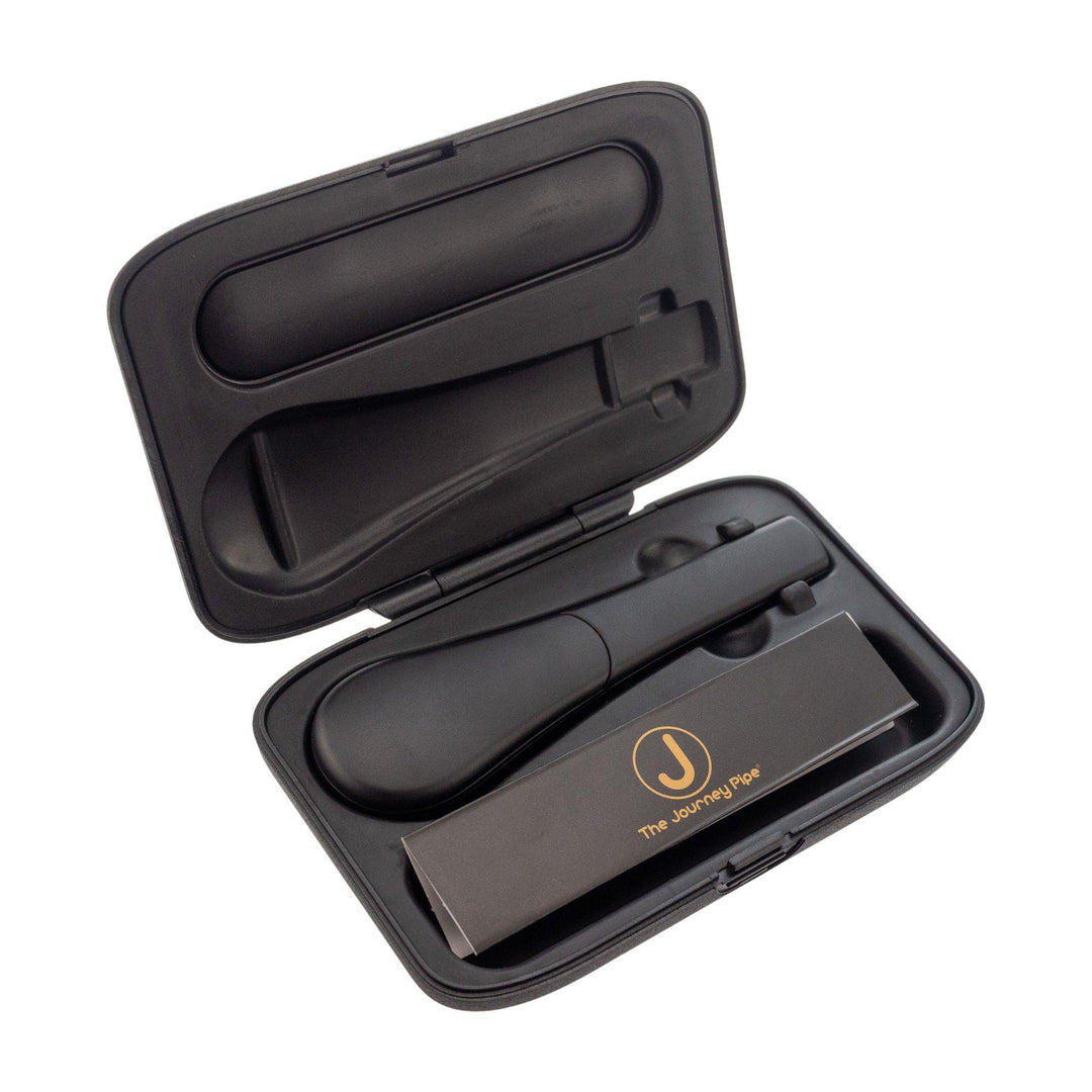 "Travel case for The Journey Pipe J2, open, showcasing the product within on a white background," - Up N Smoke.