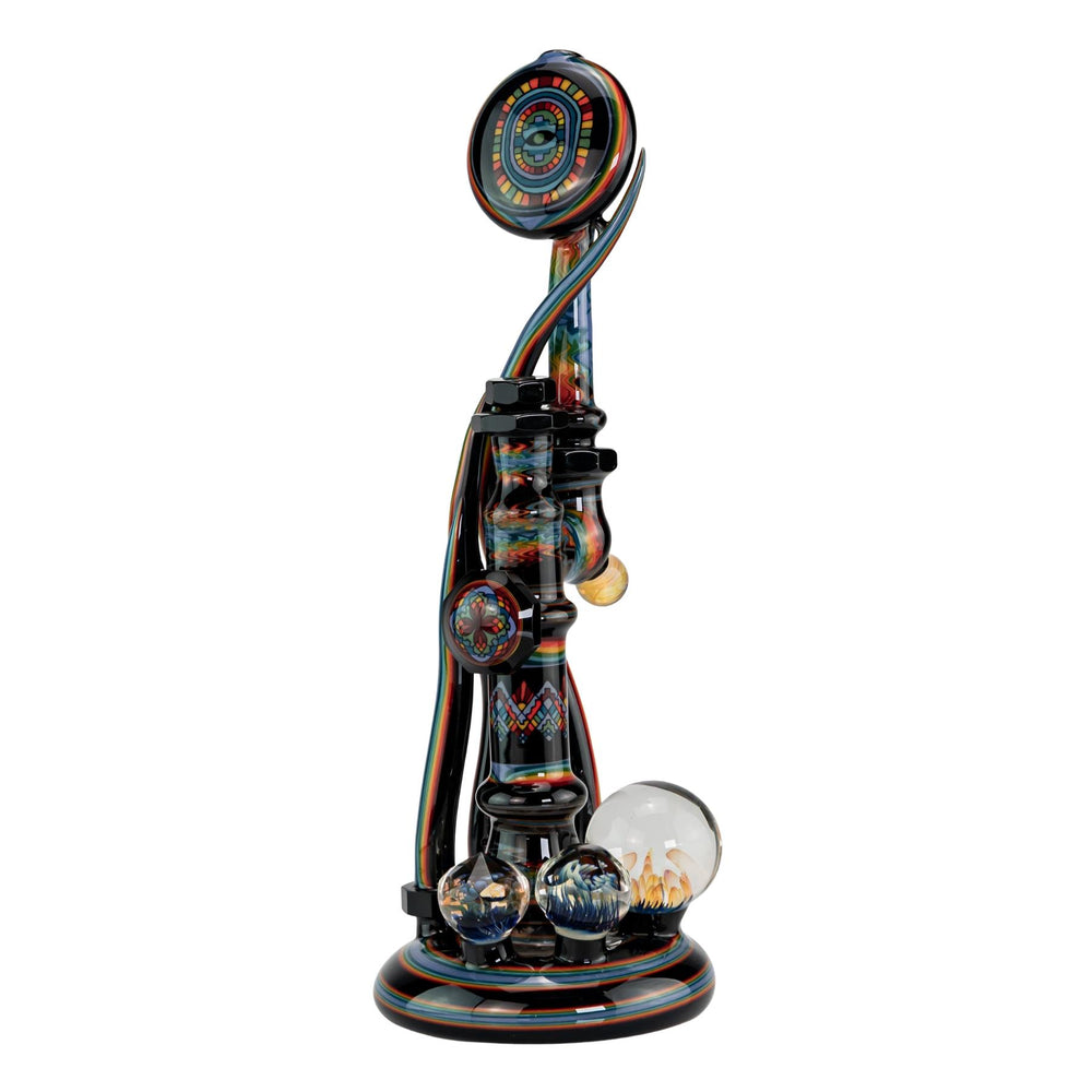 "Decorative functional art piece handblown in the U.S. by Brian Jacobson and Chaiah Sullivan on a white background," - Up N Smoke.