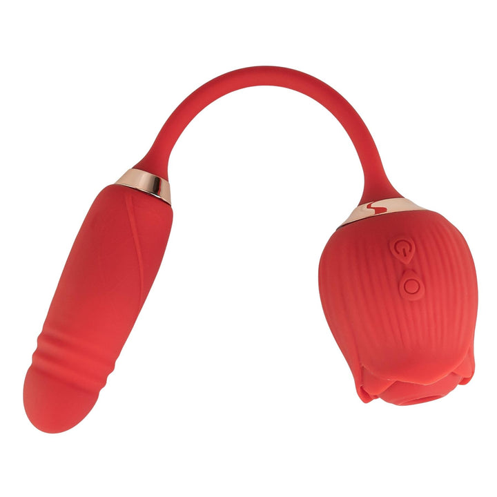 Thrusting G-Spot with Rose Toy Vibrator displayed on a top down angle on a white background - Up N Smoke