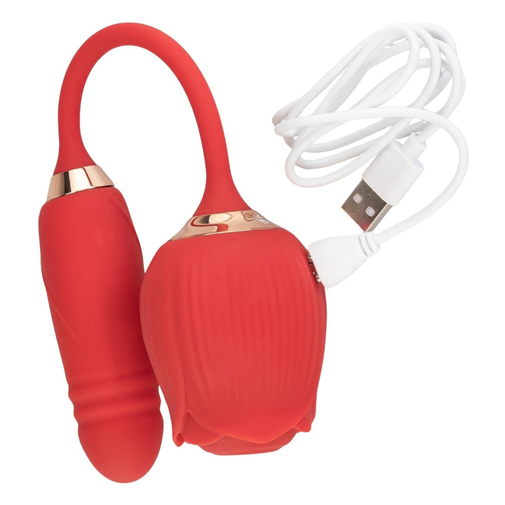 Thrusting G-Spot with Rose Toy Vibrator displayed on a top down angle with charning cable on a white background - Up N Smoke